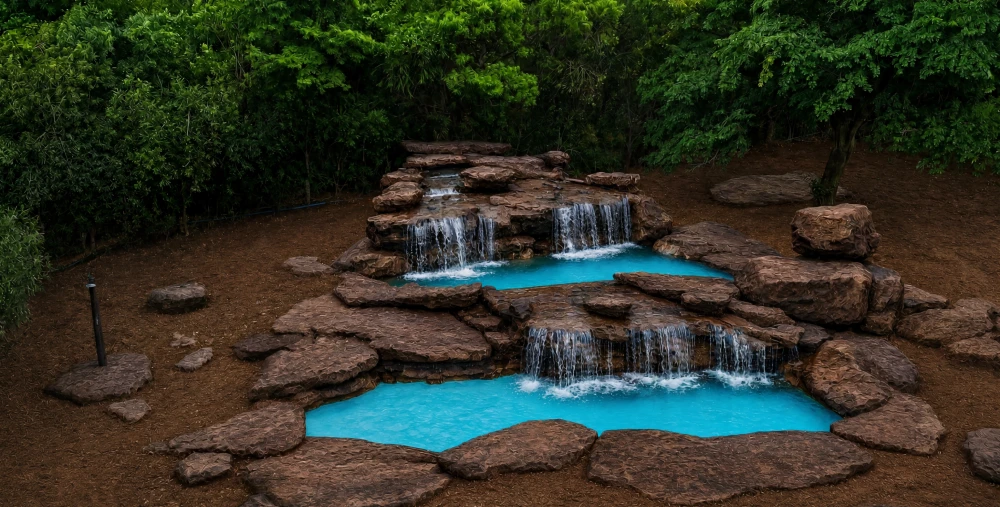 Cachoeira artificial com quedas d'água sobre piscina azul entre pedras